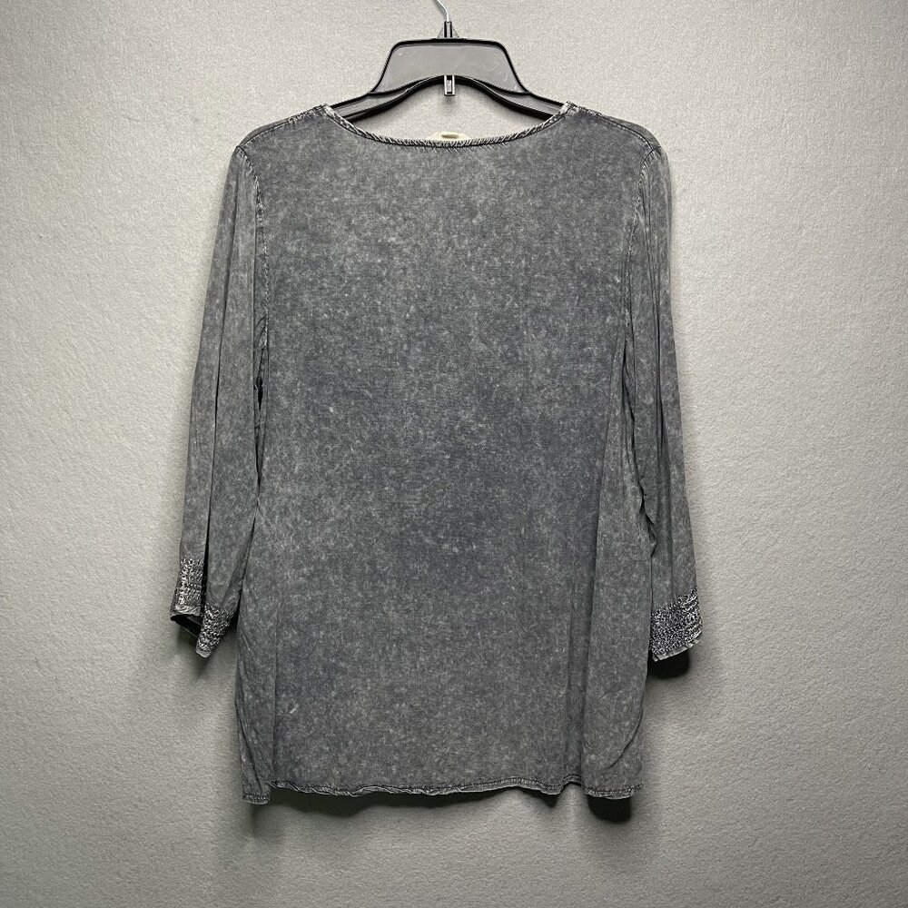 Luna Moon Embroidered Gray Tunic Top Small 3/4 Sleeve Boho Style - Picture 5 of 7
